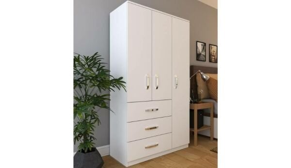 Teşhir M. 3 Kapaklı 3 Çekmeceli Metal Kulplu Beyaz Gardırop