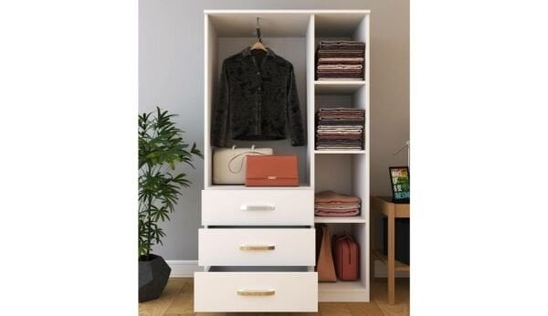 Teşhir M. 3 Kapaklı 3 Çekmeceli Metal Kulplu Beyaz Gardırop