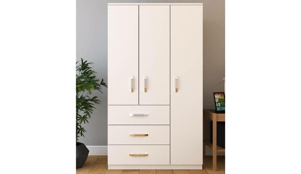 Teşhir M. 3 Kapaklı 3 Çekmeceli Metal Kulplu Beyaz Gardırop