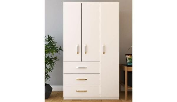 Teşhir M. 3 Kapaklı 3 Çekmeceli Metal Kulplu Beyaz Gardırop