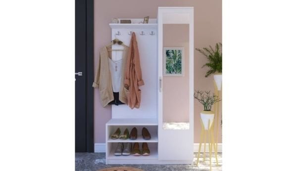 Teşhir Dalyan Aynalı Beyaz Vestiyer-Portmanto