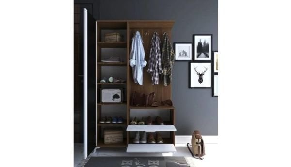 Teşhir Ceviz Aynalı Ayakkabılıklı Vestiyer-Portmanto