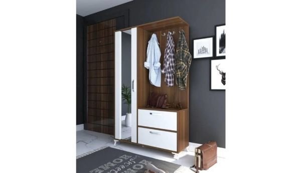 Teşhir Ceviz Aynalı Ayakkabılıklı Vestiyer-Portmanto