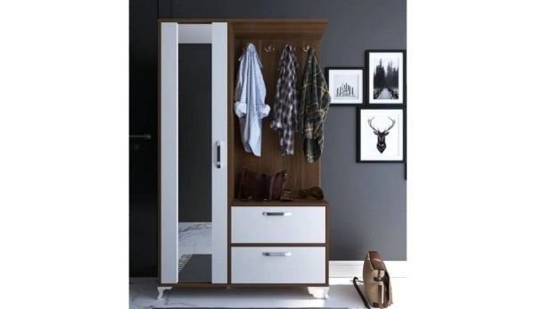 Teşhir Ceviz Aynalı Ayakkabılıklı Vestiyer-Portmanto