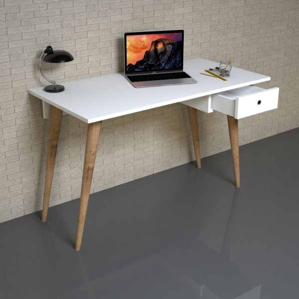Emkawood Tina Masif Ayaklı Çekmeceli Beyaz Çalışma Masası