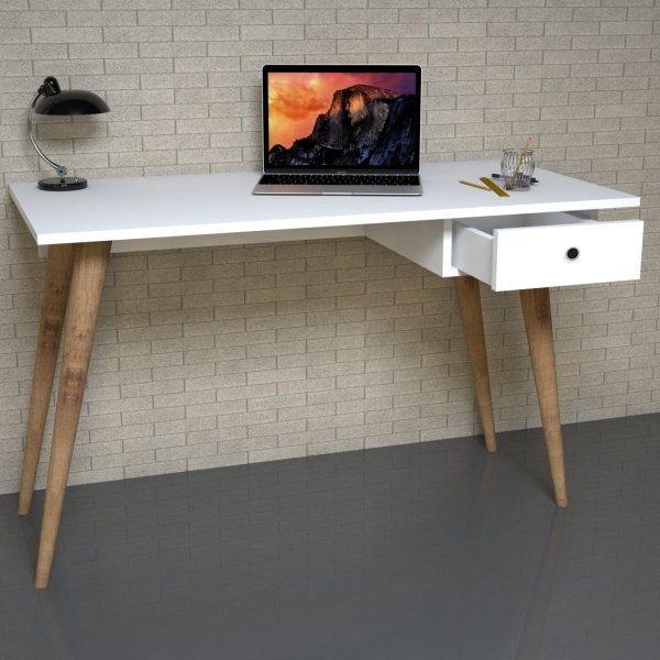 Emkawood Tina Masif Ayaklı Çekmeceli Beyaz Çalışma Masası