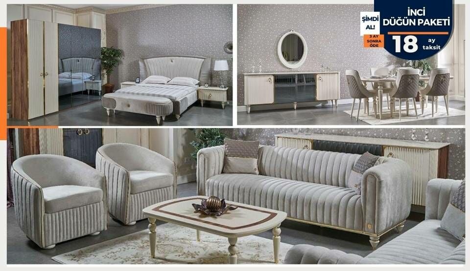 İnci Düğün Paketi (Hazır Ürün) (Orta Sehpa ve Ayak Ucu Bench Hediye)